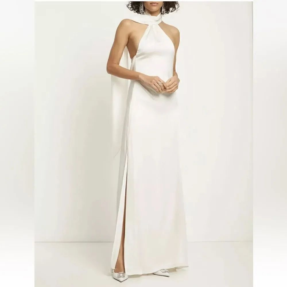 NWT JONATHAN SIMKHAI Vittoria Gown Dress Ivory Satin Halter Neck Open Back Sz 10
